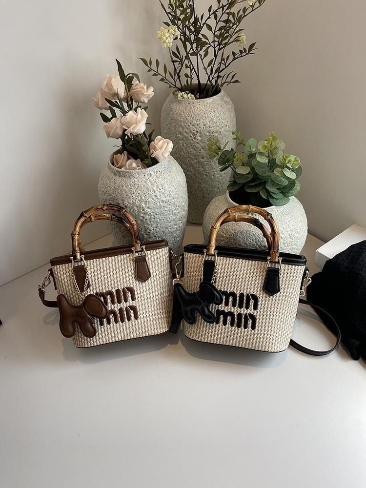 Luxury Ladies MIN MIN Bamboo Style Handbag- Biege/ Black