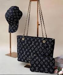 Black Louis Vuitton Denim Style Handbag (with cap and purse)